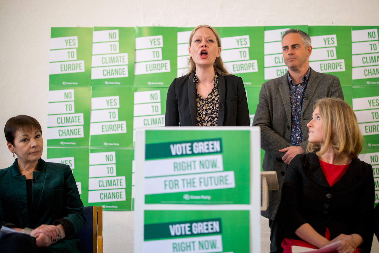 Green Party co-leader Sian Berry speaks during the launch of the Green Party's European election campaign in central London (AFP)