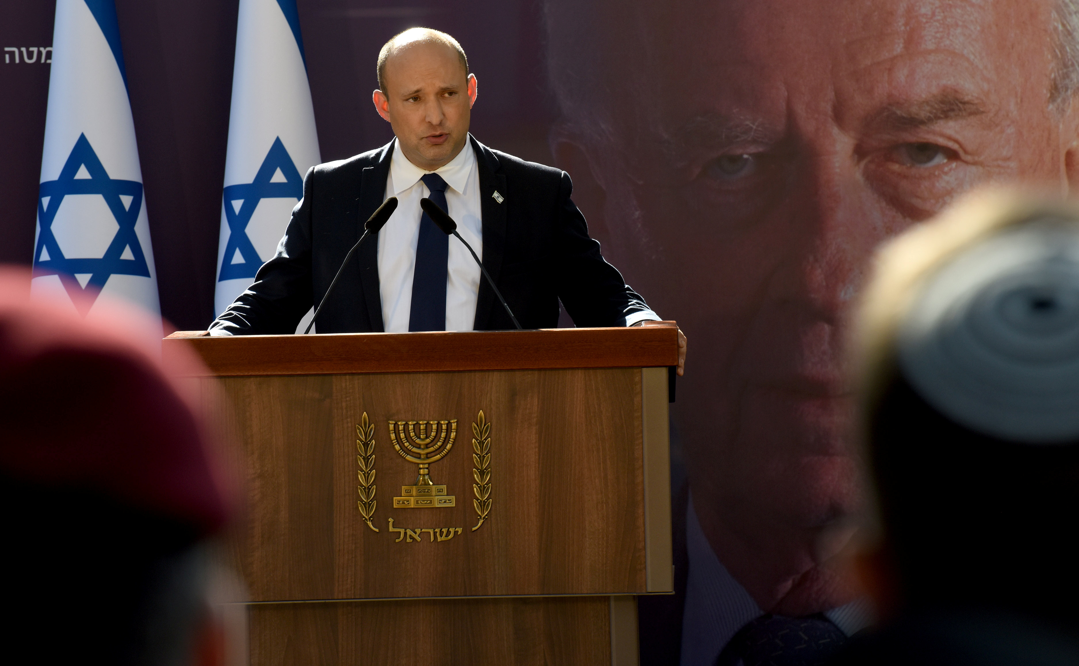 Former Israeli PM Naftali Bennett speaks at the state memorial ceremony for the late Prime Minister Yitzhak Rabin in Jerusalem on 18 October 2021. (Reuters)