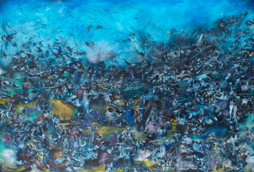 Ali Banisadr. We Haven't Landed on Earth Yet, 2012. Oil on linen. H. 82 x W. 120 in. (208.3 x 304.8 cm). Mohammed Afkhami Foundation. Photograph courtesy of Mohammed Afkhami Foundation