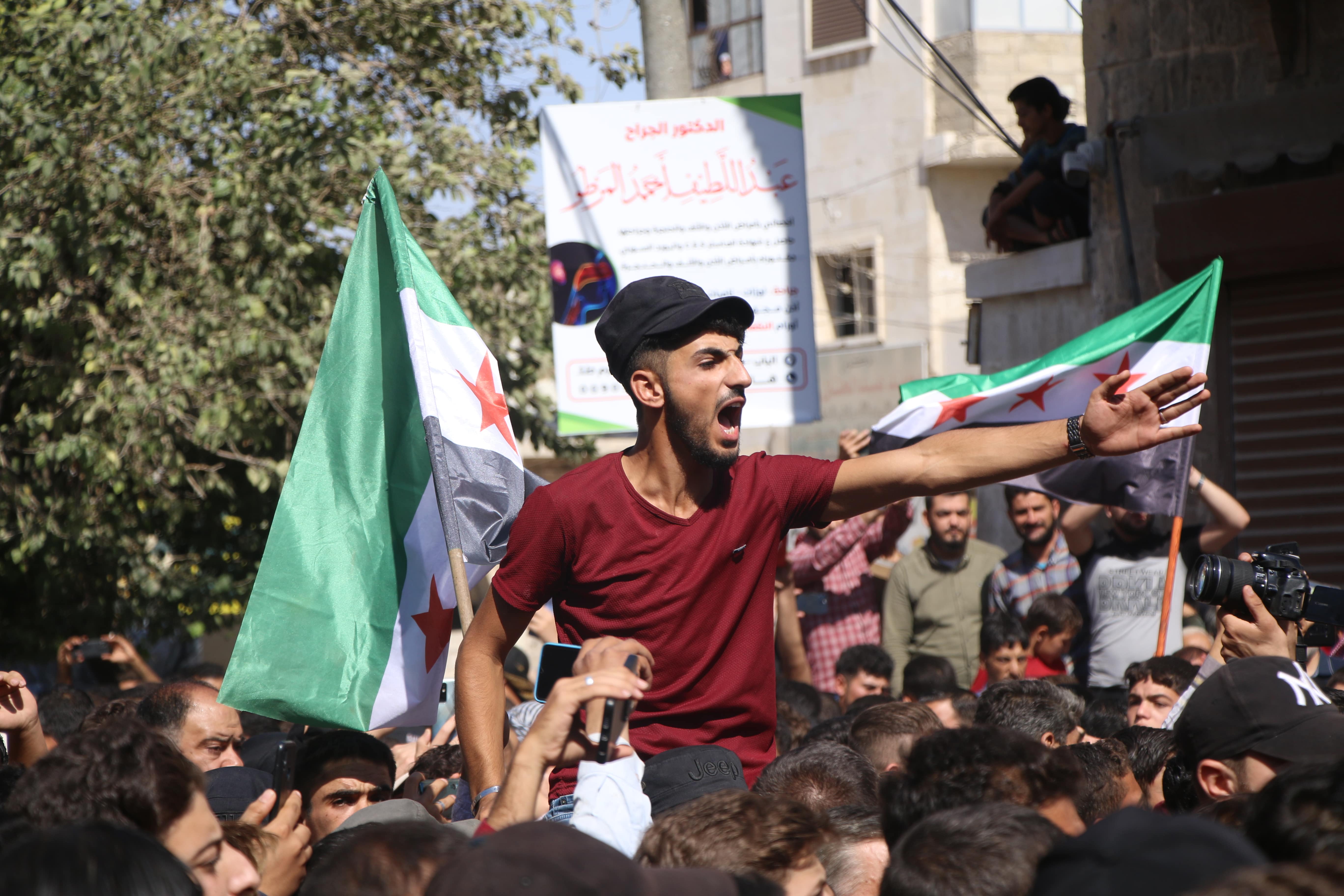Hundreds join funeral of activist Muhammad Abdul Latif, known as Abo Ghanoum who was killed by unknown assailants in Syria's al-Bab city on 7 October 2022 (MEE/Walid al-Idlibi)