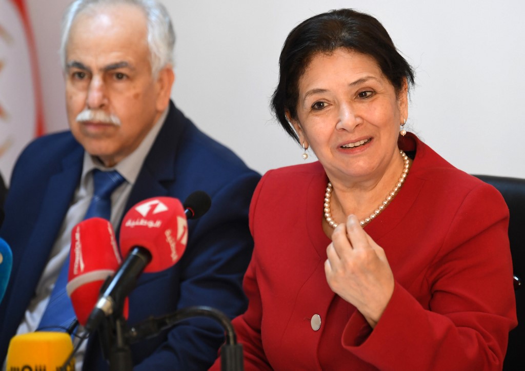 Sihem Ben Sedrine (R), President of Tunisia's Truth and Dignity Forum (IVD), gives a press conference in the capital Tunis on May 25, 2018. The Tunisian government has informed the body that their prerogatives ends on May 31.