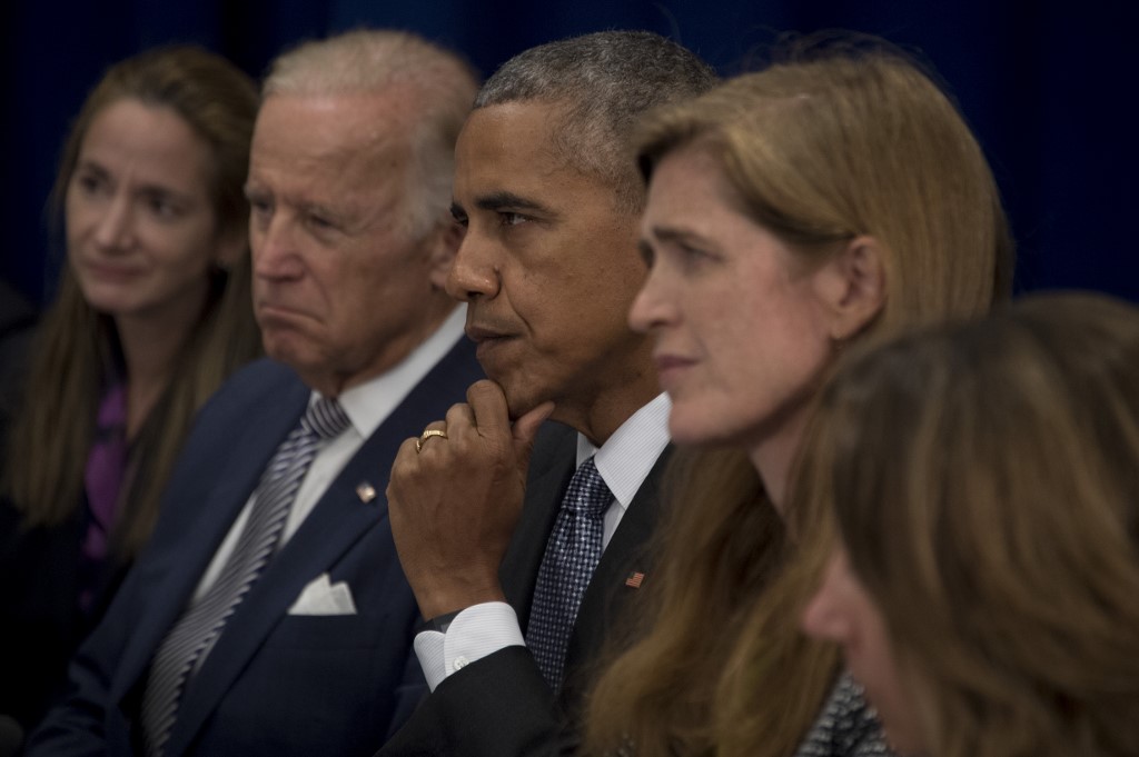 Then-US President Barack Obama, flanked by then-Vice President Joe Biden and then-UN ambassador Samantha Power, are pictured in New York in 2016 (AFP)