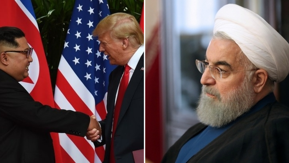 US President Donald Trump and North Korean president (L) and Iranian President Hassan Rouhani (R)