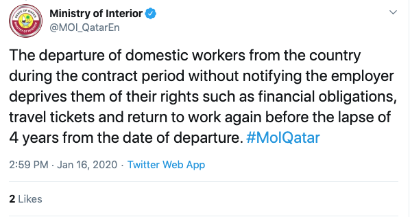Qatar's Interior Ministry deleted a tweet that listed punitive measure for domestic workers who fail to notify their employers they were leaving 72 hours in advance (Screengrab(
