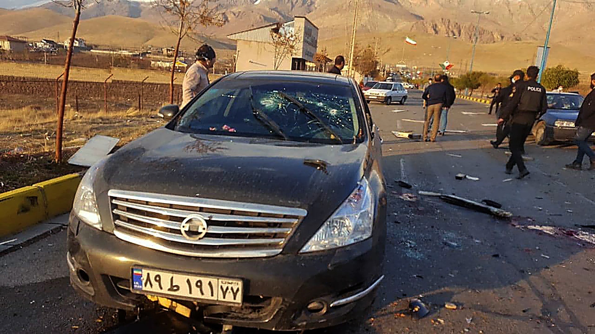 the damaged car of Iranian nuclear scientist Mohsen Fakhrizadeh after it was attacked 