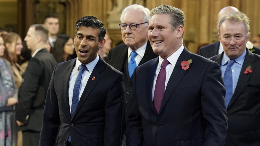 Prime Minister Rishi Sunak and Labour Party leader Keir Starmer at the state opening of parliament, London, 7 November 2023 (Stefan Rousseau/AFP)