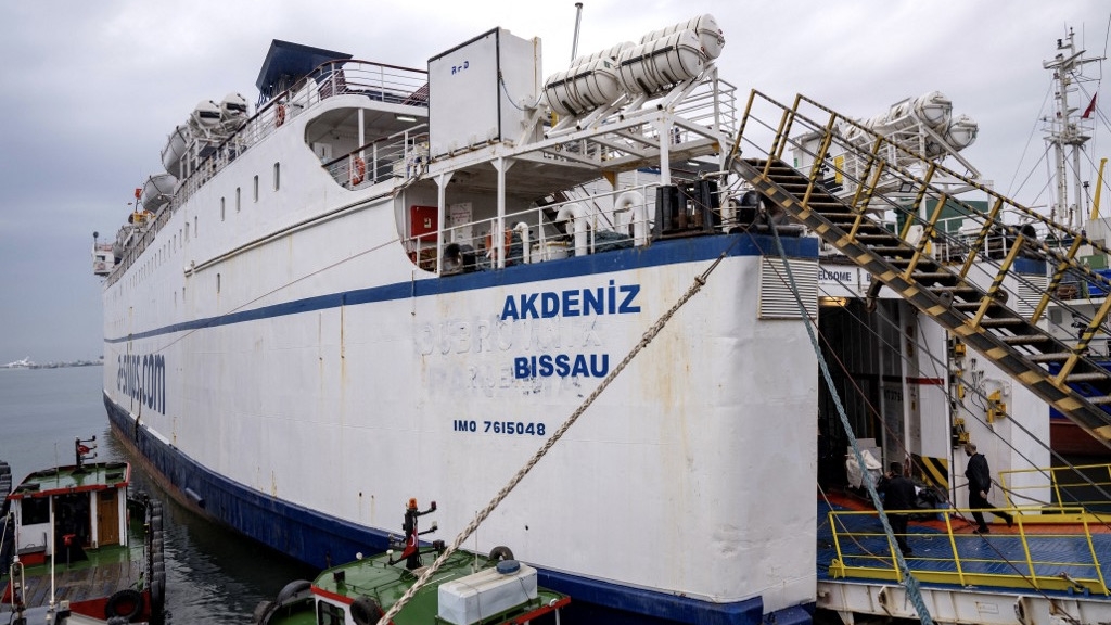 The Akdeniz, part of the Freedom Flotilla Coalition, waits to depart from Tuzla, near Istanbul, 19 April 2024 (Yasin Akgul/AFP)