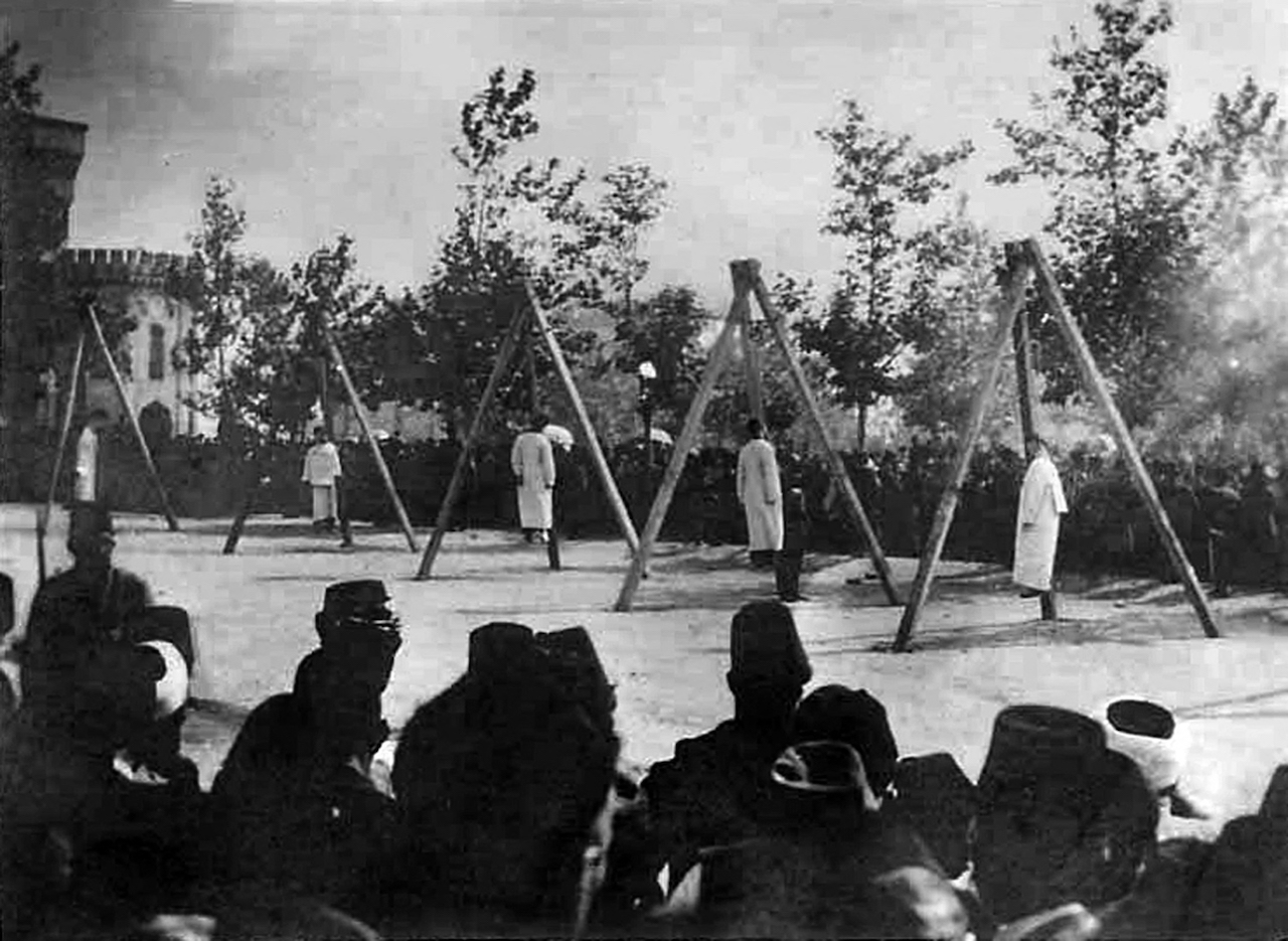 A picture released by the Armenian Genocide Museum-Institute purportedly shows Armenians hung by Ottoman forces in Constantinople in June 1915 (AFP)
