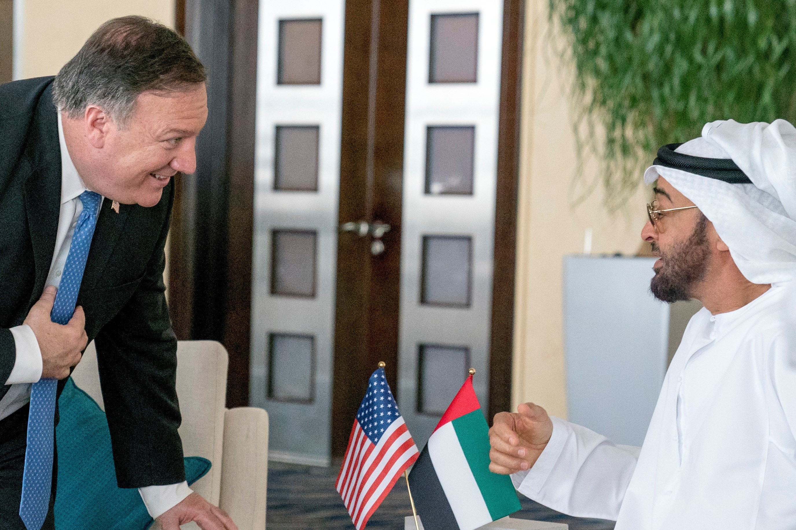 U.S. Secretary of State Mike Pompeo and Abu Dhabi's Crown Prince Sheikh Mohammed bin Zayed al-Nahyan meet at the Al Shati Palace in Abu Dhabi, United Arab Emirates, July 10, 2018