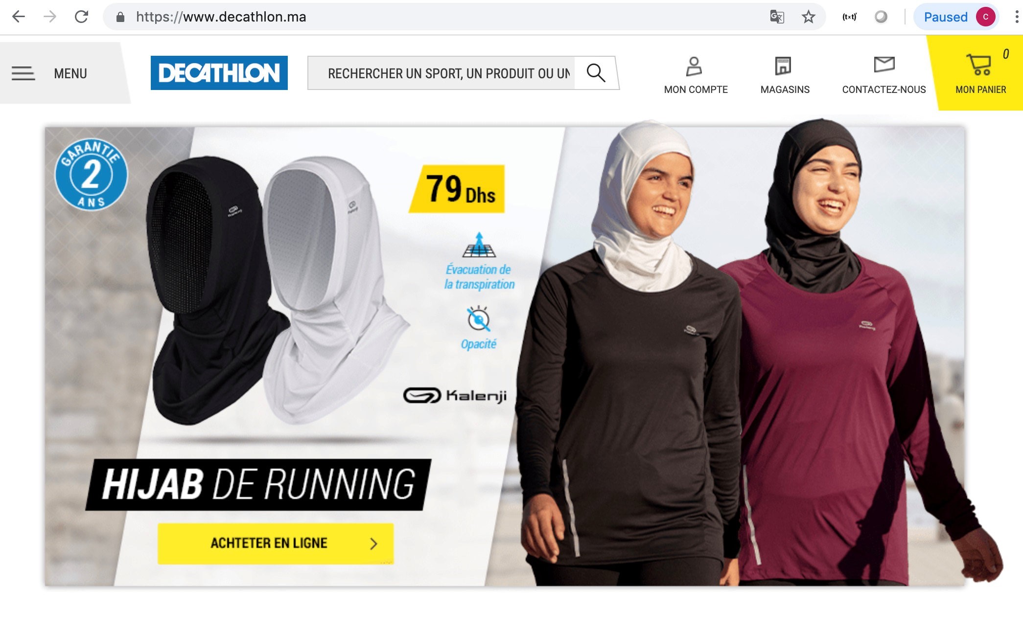  A screenshot taken on 27 February, 2019 shows hijabs for women joggers on sale on the Moroccan website of French sporting goods chain Decathlon (REUTERS)
