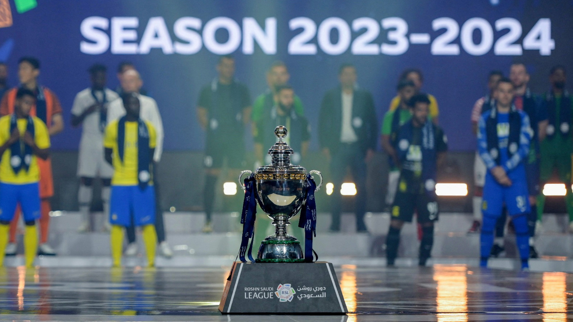 General view of the trophy at the opening of the Saudi Pro League in Jeddah on 7 August 2023 (Reuters)