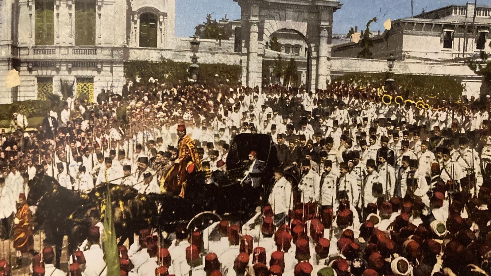 A colourised image of Ottoman Sultan Abdulhamid II (pictured on the backseat of the carriage) arriving for Friday prayers at the Yildiz mosque (Public archive)