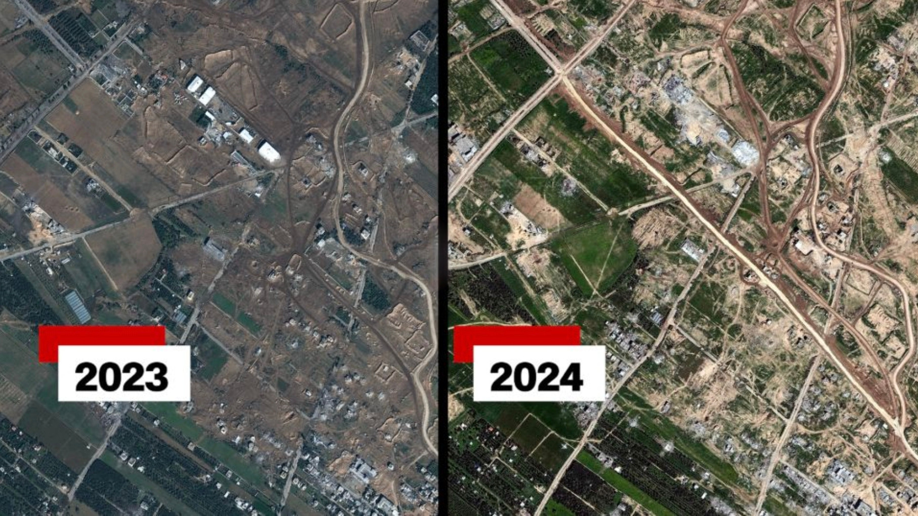 Des images satellites présentées dans un article de CNN publié le 8 mars révèlent une nouvelle route qu’Israël construit à travers la bande de Gaza, séparant le nord, y compris la ville de Gaza, du sud de l’enclave (capture d’écran/CNN)