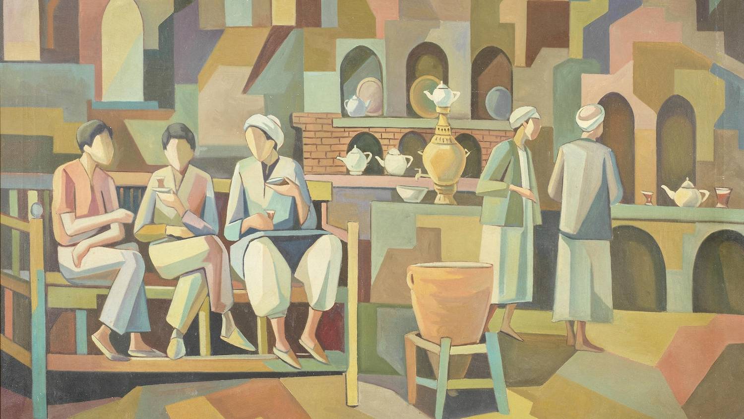 Hafidh Al-Droubi's art was known to capture moments from every day life, often set to cafes, like this piece title The Coffeehouse (1973) (Public domain) 