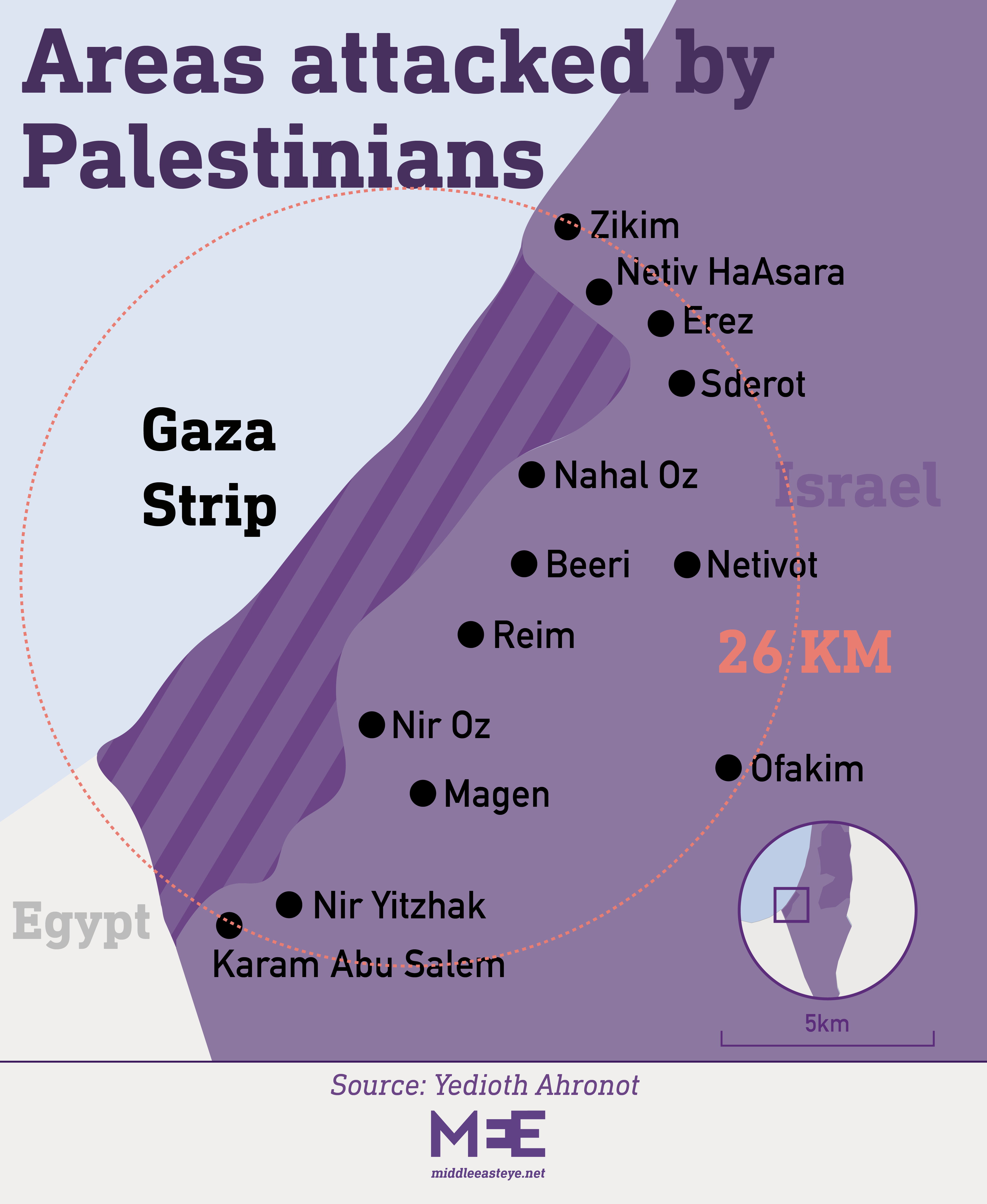 Israeli areas attacked by Palestinians, 7 October 2023 (MEE)