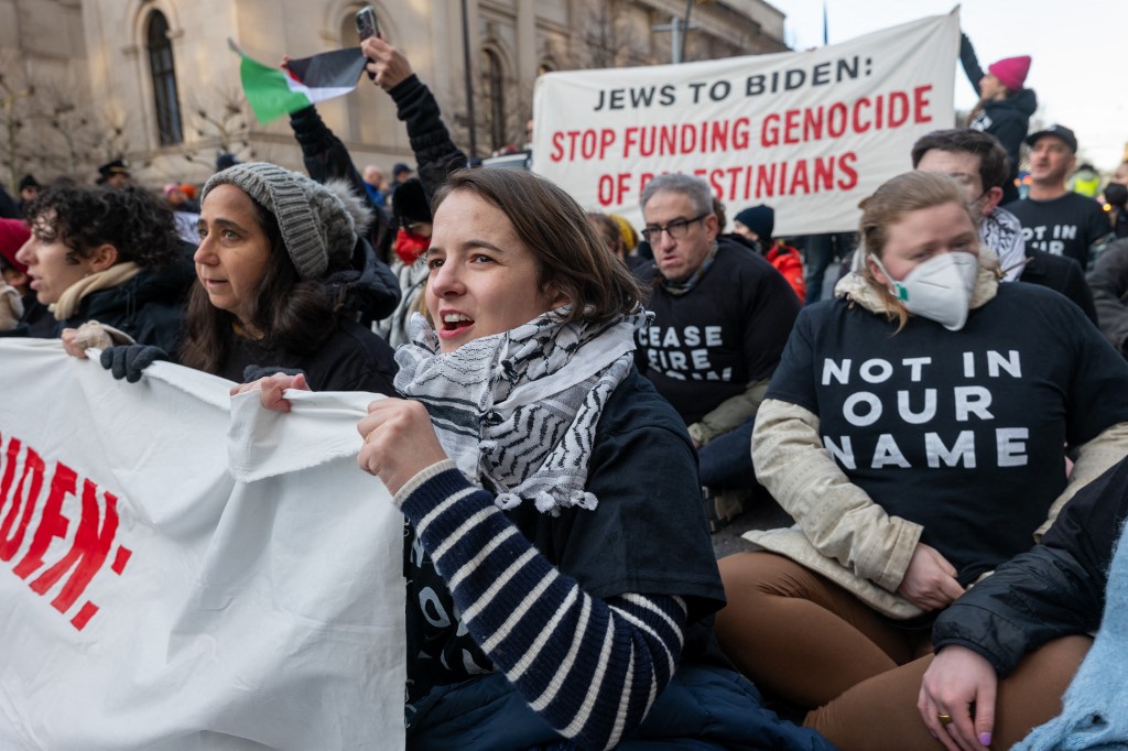 Members of the activist group Jewish Voice for Peace join others in protesting President Joe Biden's visit to Manhattan due to his continued support for Israel in its war against Palestinians in Gaza on February 07, 2024 in New York City.