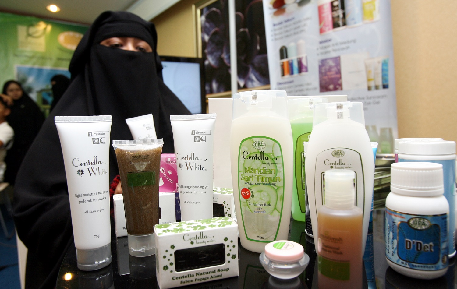 A display of halal-certified cosmetics andf beauty products at a Malaysia trade show in 2010 (AFP)