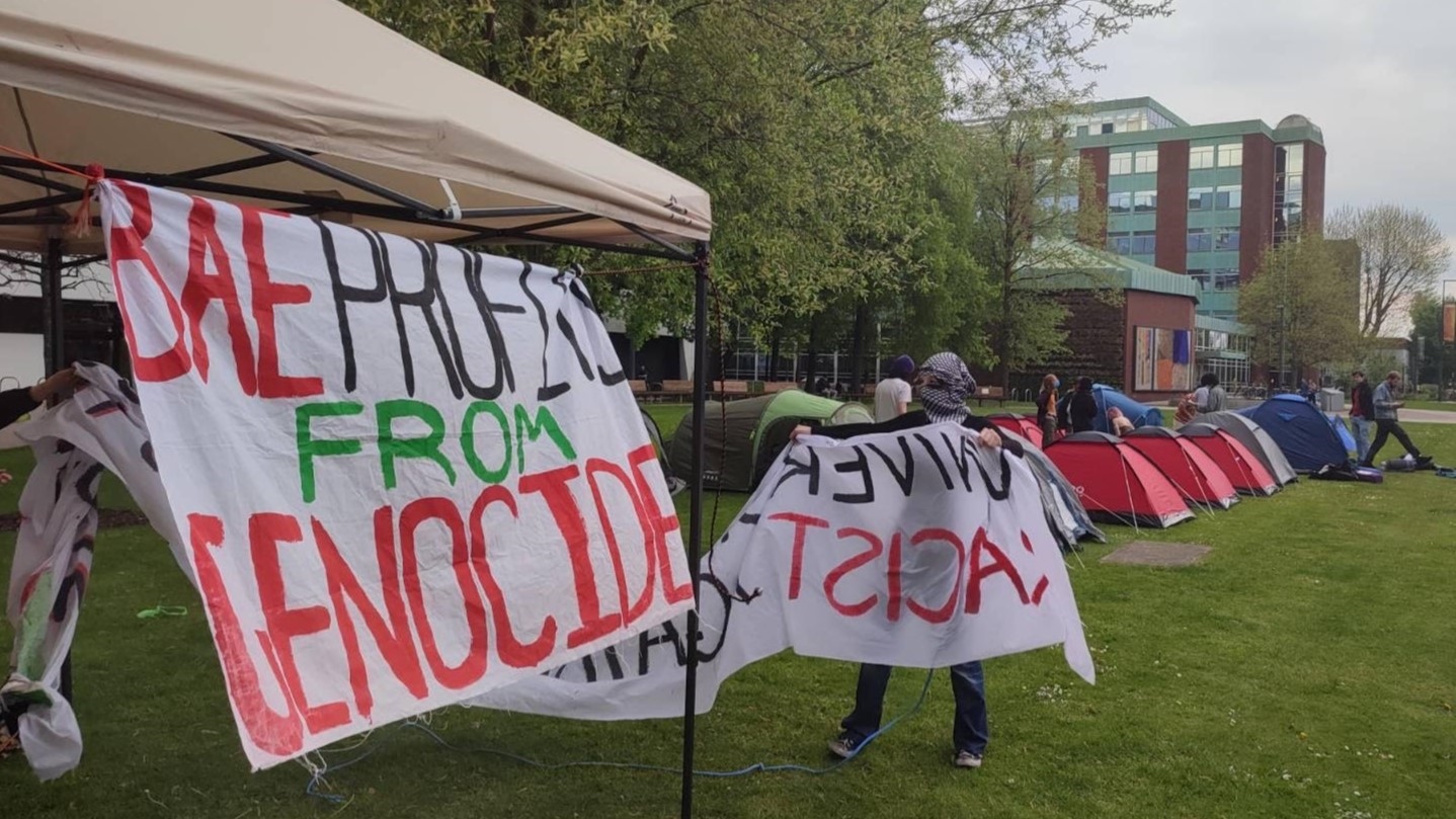 Pro-Palestine students set up an encampment in protest at the University of Manchester's ties to companies supplying arms to Israel (Supplied)