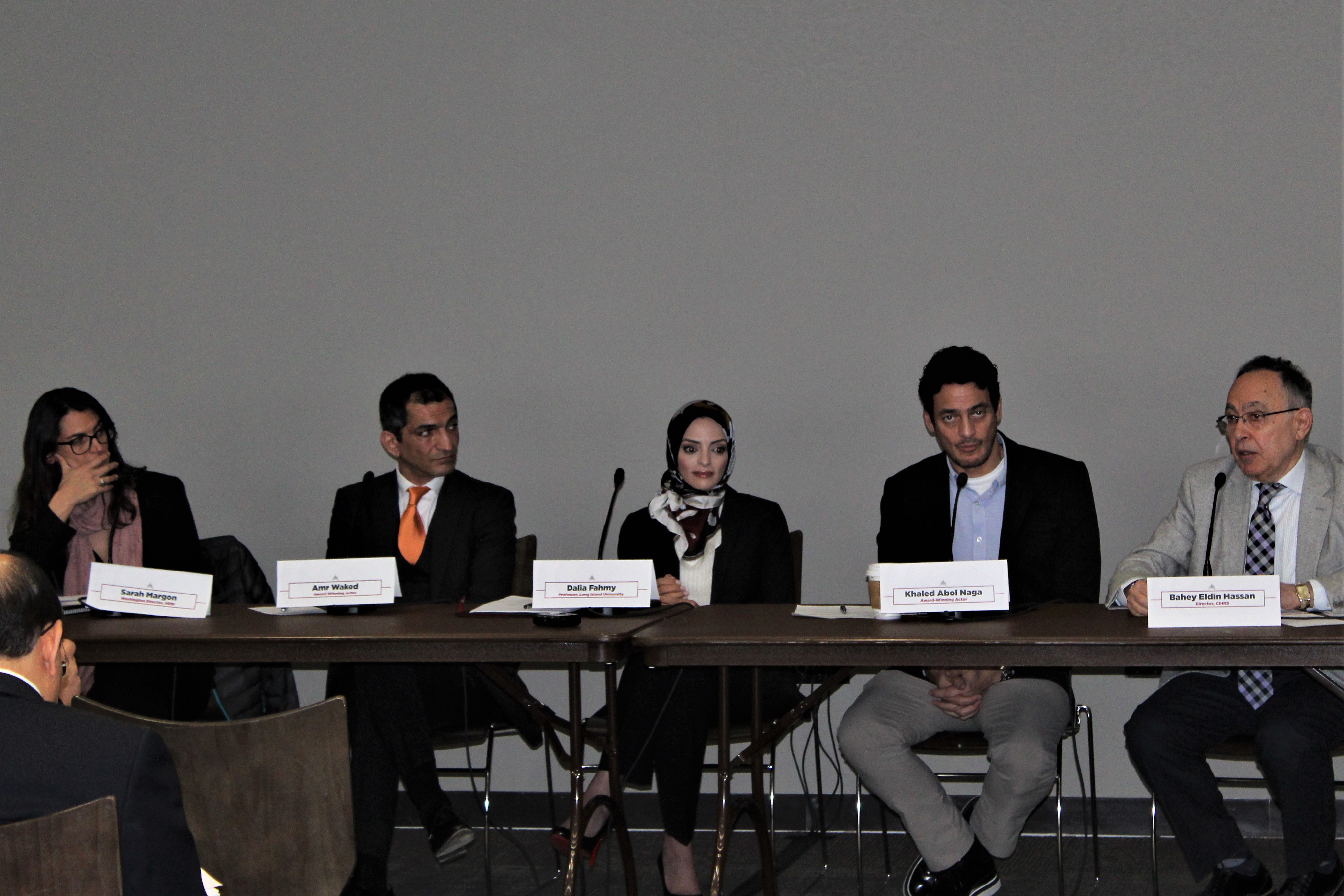 Waked (2nd-L) and Naga (2nd-R) appear on a panel on human rights in Washington (MEE/Ali Harb)