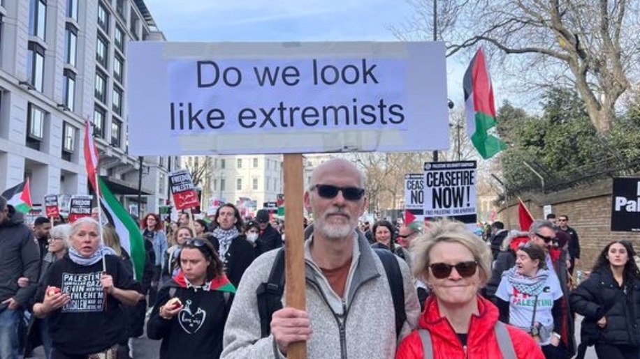 Paul Woof came to the protest with a placard to protest against government claims that extremists hijacked the protests for Palestine in London (MEE/Areeb Ullah)