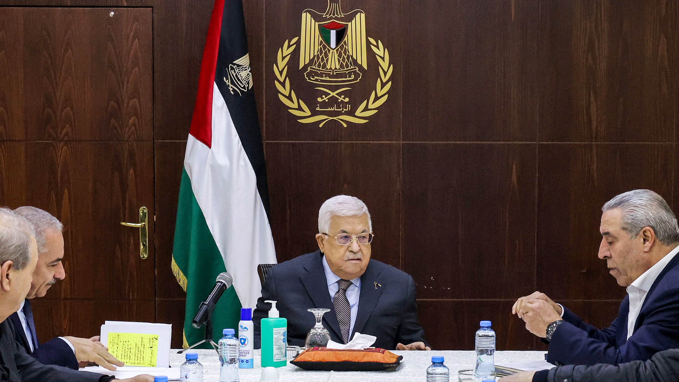 Palestinian President Mahmud Abbas chairs a meeting of the executive committee of the Palestine Liberation Organisation (PLO) in the city of Ramallah in the occupied West Bank on 25 December 2023 (Thaer Ghanaim/AFP)