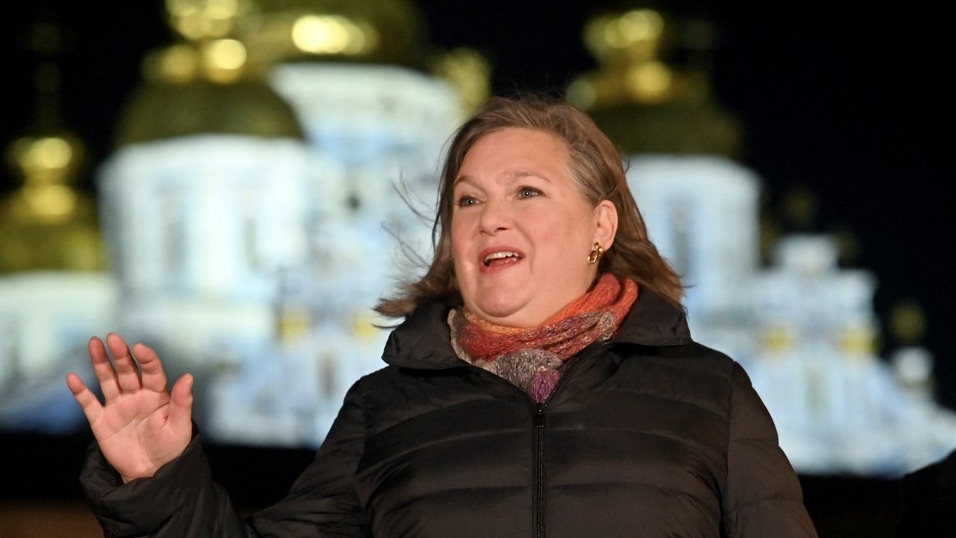 US Undersecretary of State for Political Affairs Victoria Nuland talks with journalists outside St Michael's Cathedral, Kyiv, 31 January 2024 (Sergei Supinsky/AFP)
