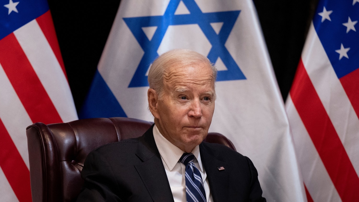 US President Joe Biden joins Israel's Prime Minister for the start of the Israeli war cabinet meeting, in Tel Aviv on 18 October 2023.