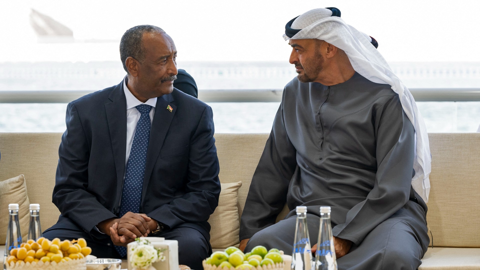 Emirati President Mohamed bin Zayed Al-Nahyan meeting with Sudan's army chief and de-facto leader Abdel Fattah al-Burhan in Abu Dhabi, on 14 February 2023 (AFP/UAE Presidential Court)