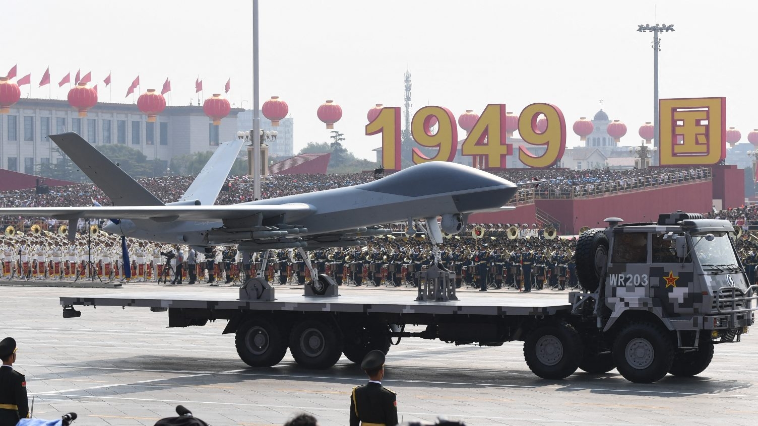 A Chinese unmanned aerial vehicle is presented during a military parade at Tiananmen Square in Beijing on 1 October 2019.