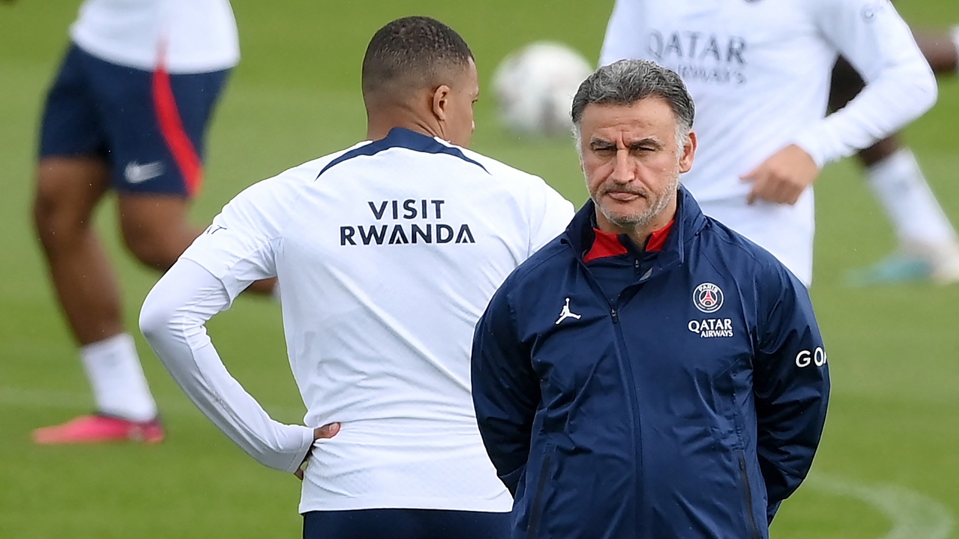Paris Saint-Germain's French head coach Christophe Galtier attend a training session in Saint-Germain-en-Laye, on the outskirts of Paris, on 5 May 2023 (AFP)