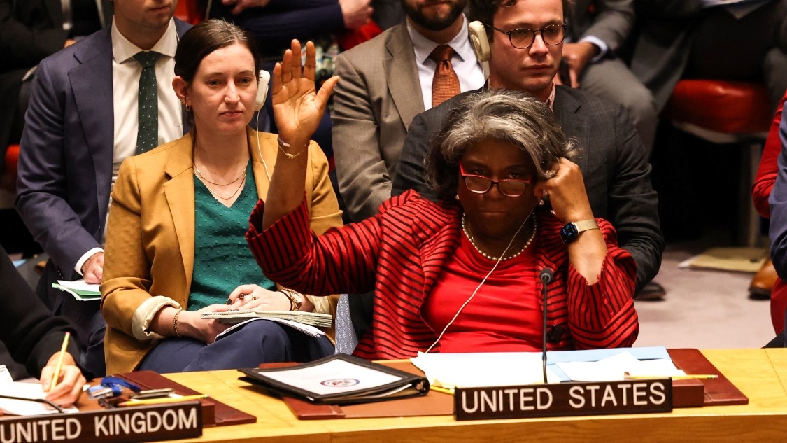 US ambassador to the UN Linda Thomas-Greenfield abstains during a vote to approve a resolution that "demands" all sides in the Gaza war allow the "safe and unhindered delivery of humanitarian assistance at scale" at UN headquarters in New York on 22 December 2023.