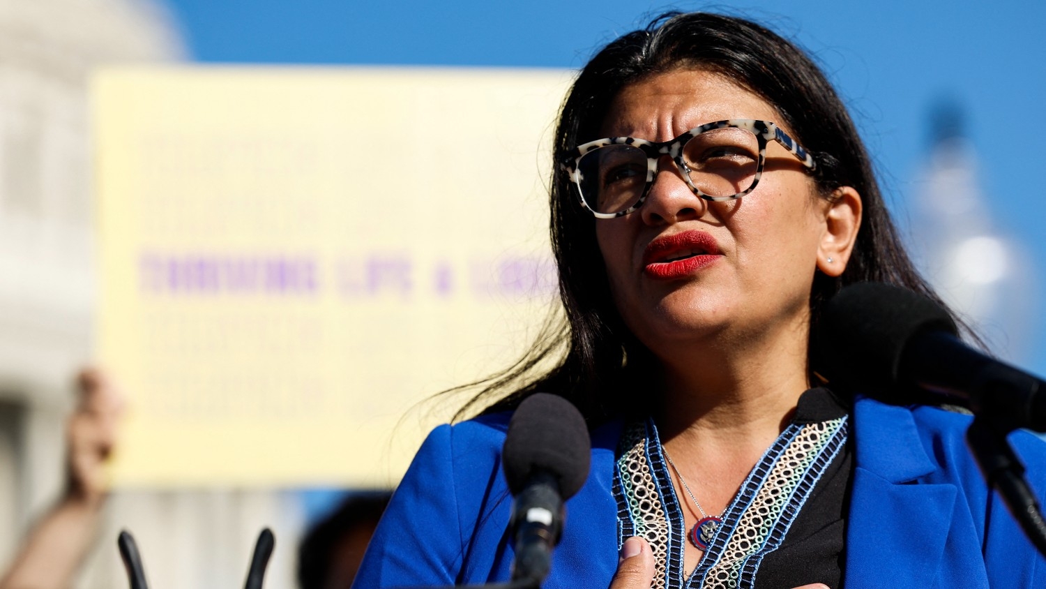 Rep. Rashida Tlaib speaks at a news conference outside the US Capitol Building on 19 September 2023 in Washington.