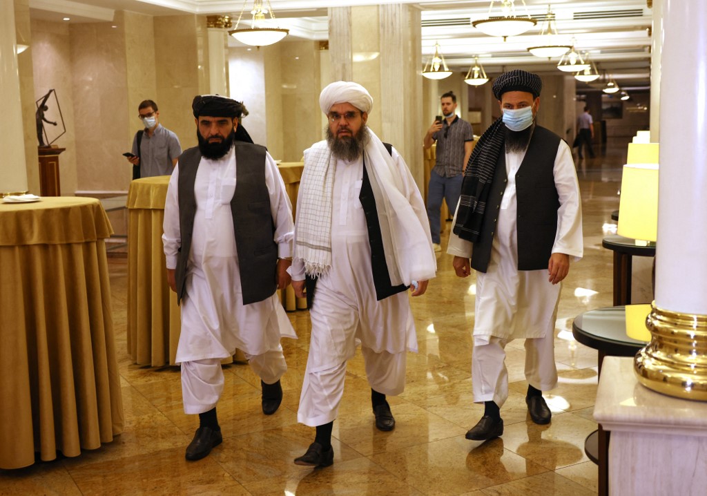 Taliban leaders and negotiators are pictured in Moscow on 9 July 2021 (AFP)