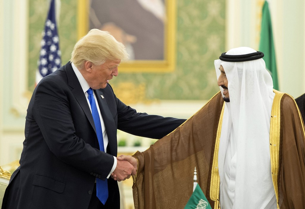 US President Donald Trump and Saudi Arabia’s King Salman shake hands in Riyadh in 2017 (Bandar al-Jaloud/Saudi Royal Palace/AFP)